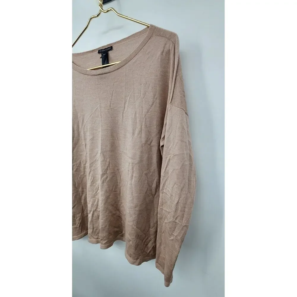 Eileen Fisher Seamless Merino Silk Cashmere Bateau Neck Sweater Size Medium Tan‎